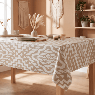 Mantel de hule Kilim con estampado étnico en mesa de madera