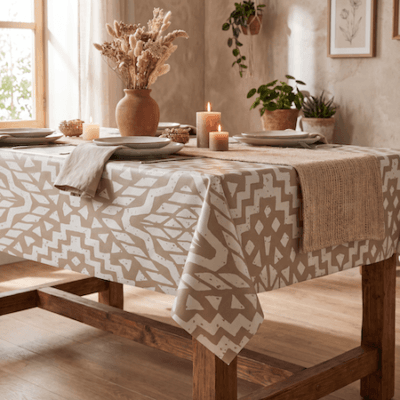 Mantel de hule Kilim con estampado étnico en mesa de madera